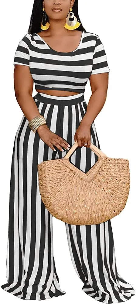 2 Piece Outfits for Women Sexy Backless Short Sleeve Crop Top High Waist Wide Leg Long Pant Sets Tracksuit Sport Set