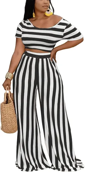 2 Piece Outfits for Women Sexy Backless Short Sleeve Crop Top High Waist Wide Leg Long Pant Sets Tracksuit Sport Set