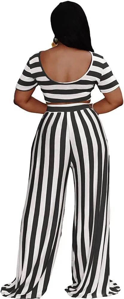 2 Piece Outfits for Women Sexy Backless Short Sleeve Crop Top High Waist Wide Leg Long Pant Sets Tracksuit Sport Set