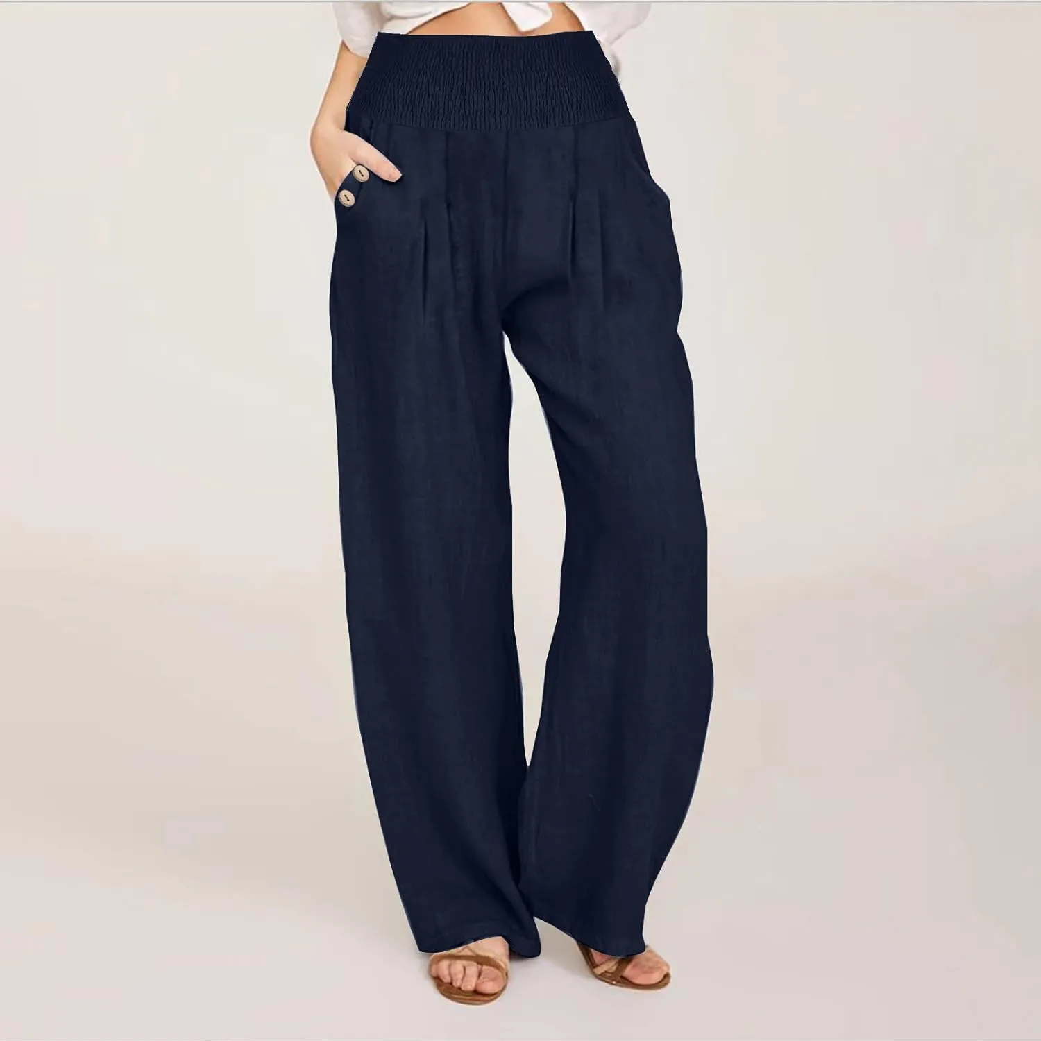 2025 Women Linen Palazzo Pants Wide Leg High Waist Lounge Summer Casual Boho Trousers Travel Vacation Outfits