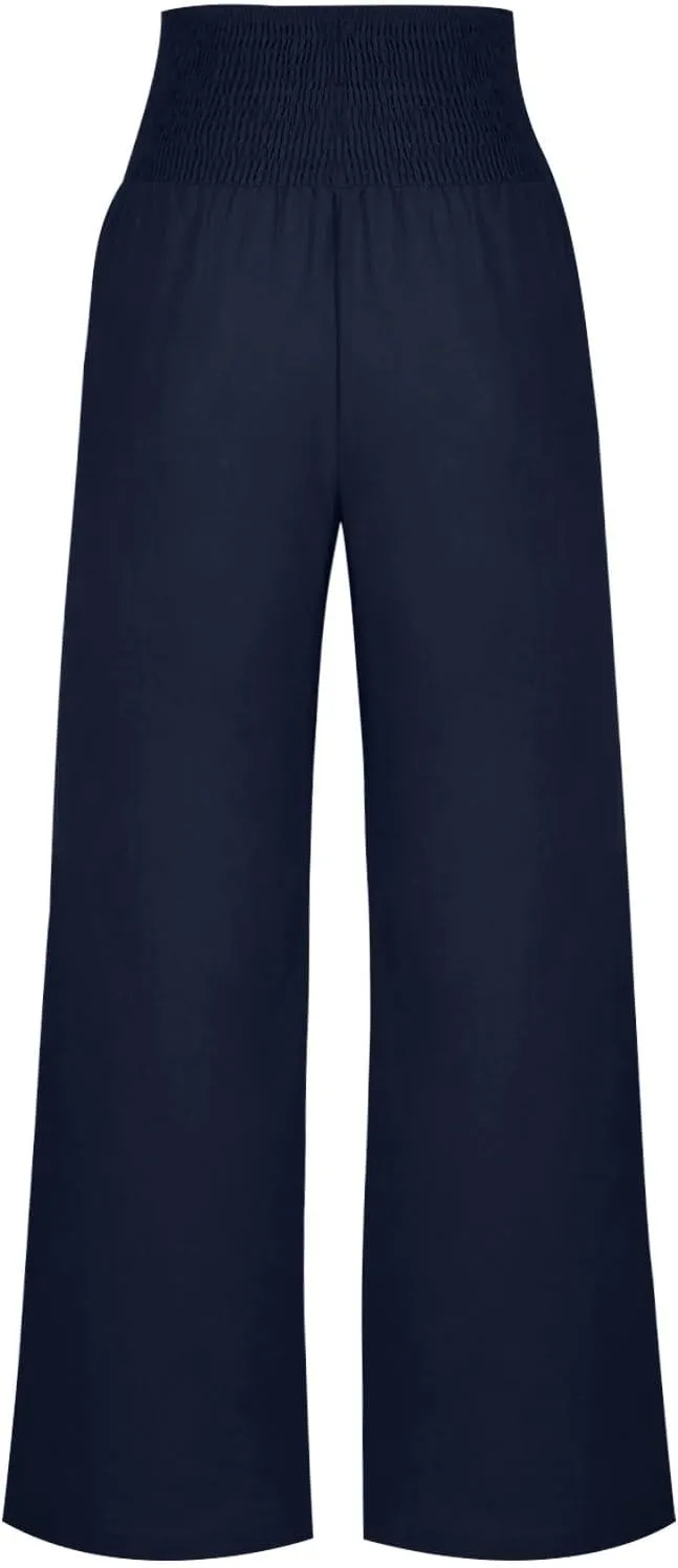 2025 Women Linen Palazzo Pants Wide Leg High Waist Lounge Summer Casual Boho Trousers Travel Vacation Outfits