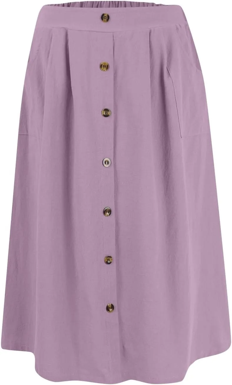 A Line Midi Skirt for Womens Vintage Front Button Swing Skirts Summer Casual High Waisted Pleated Midi Skirt with Pockets