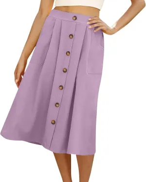 A Line Midi Skirt for Womens Vintage Front Button Swing Skirts Summer Casual High Waisted Pleated Midi Skirt with Pockets