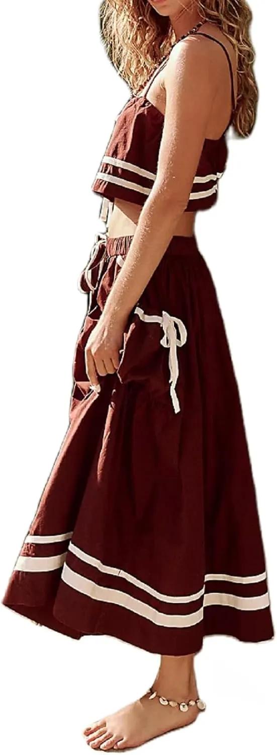 Adoeren Women Maxi Skirt Set Babydoll Cami Crop Top Parachute Long Skirt with Pockets Boho Beachwear Outfits