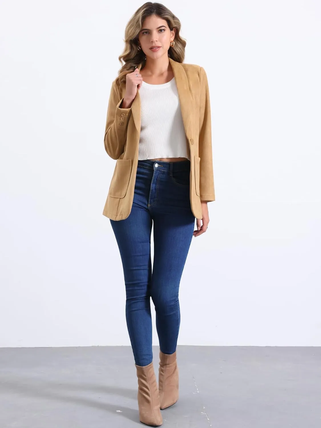 Allegra K Faux Suede Blazer for Women's Lapel Collar One Button Dressy Suit Jacket