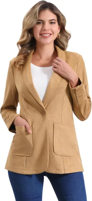 Allegra K Faux Suede Blazer for Women's Lapel Collar One Button Dressy Suit Jacket