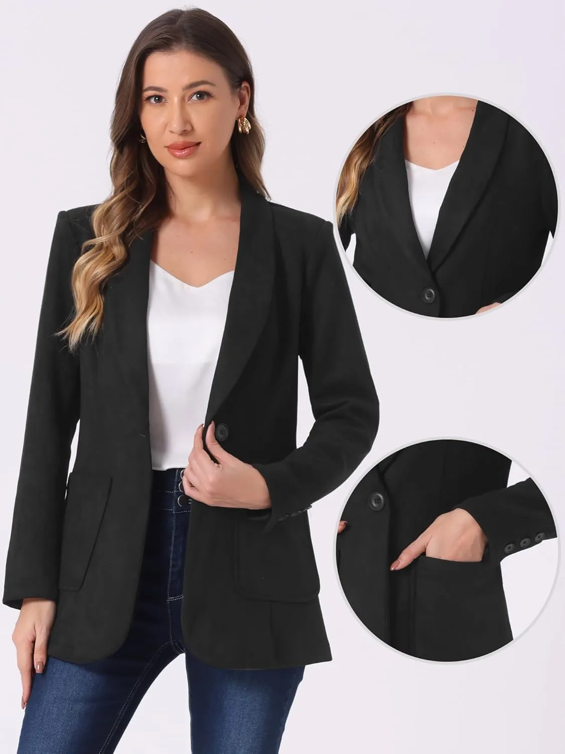 Allegra K Faux Suede Blazer for Women's Lapel Collar One Button Dressy Suit Jacket