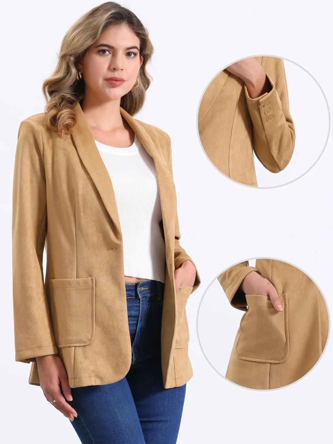 Allegra K Faux Suede Blazer for Women's Lapel Collar One Button Dressy Suit Jacket