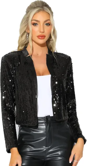 Allegra K Sequin Crop Jacket for Women's Party Long Sleeve Open Front Sparkle Glitter Blazer