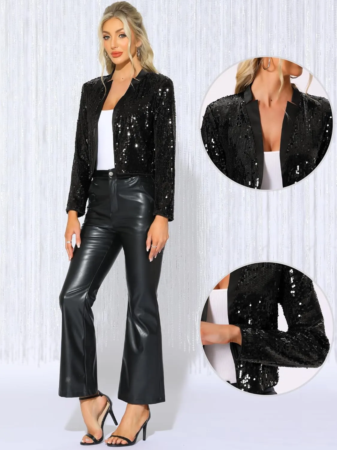 Allegra K Sequin Crop Jacket for Women's Party Long Sleeve Open Front Sparkle Glitter Blazer