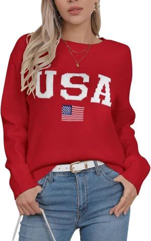 Alsol Lamesa Womens American Flag Graphic Sweater Patriotic Long Sleeve Pullover Sweaters Crew Neck Knit Tops