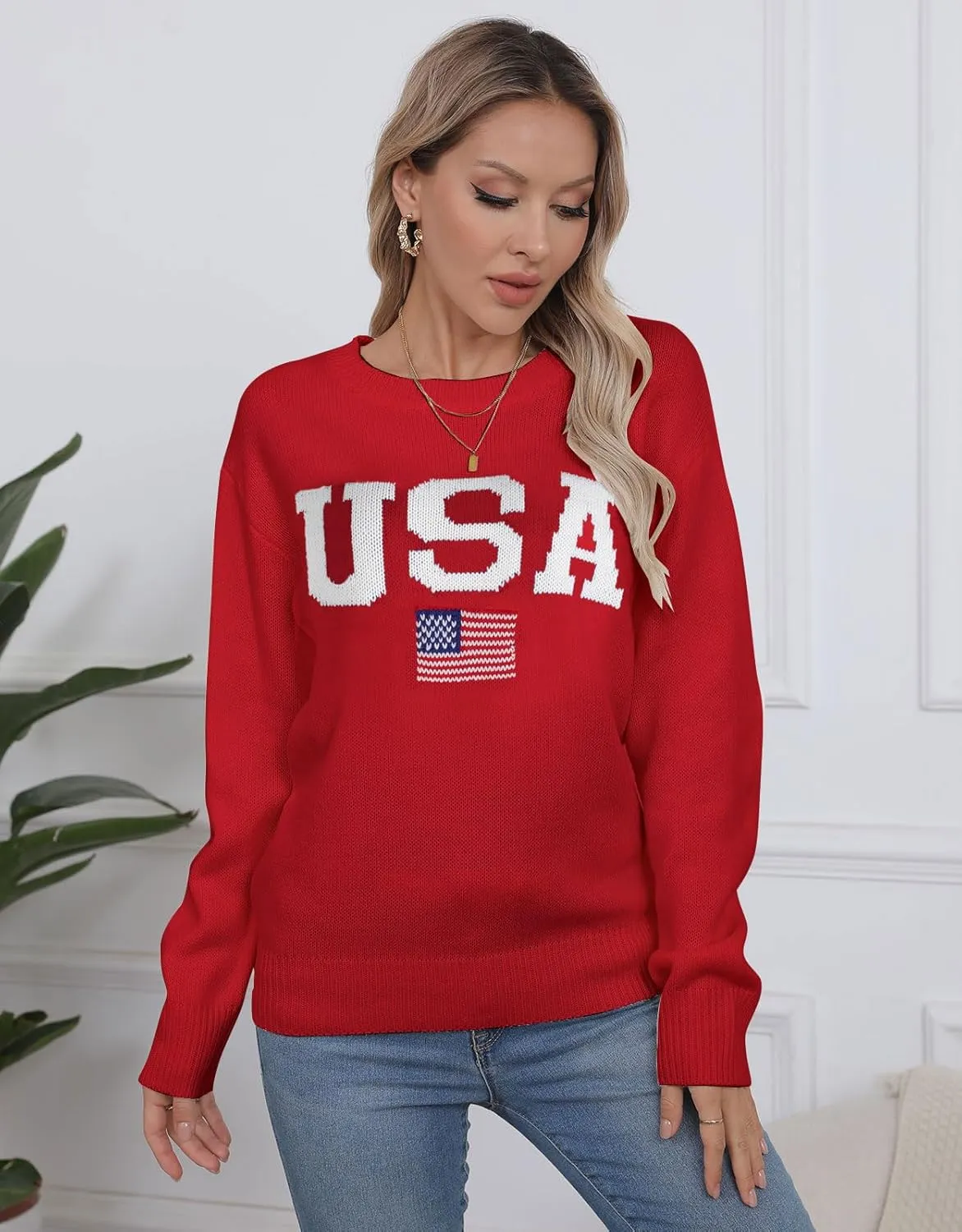 Alsol Lamesa Womens American Flag Graphic Sweater Patriotic Long Sleeve Pullover Sweaters Crew Neck Knit Tops