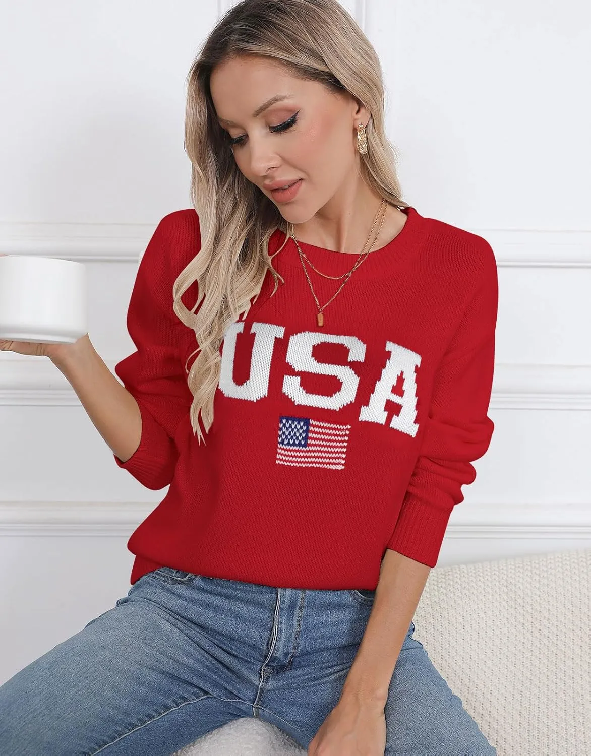 Alsol Lamesa Womens American Flag Graphic Sweater Patriotic Long Sleeve Pullover Sweaters Crew Neck Knit Tops