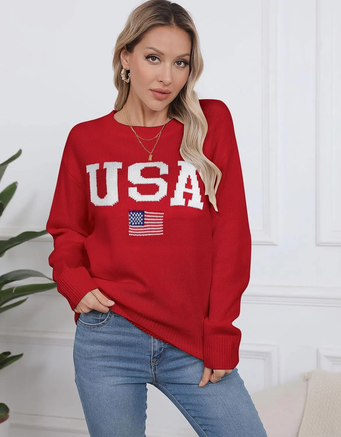 Alsol Lamesa Womens American Flag Graphic Sweater Patriotic Long Sleeve Pullover Sweaters Crew Neck Knit Tops