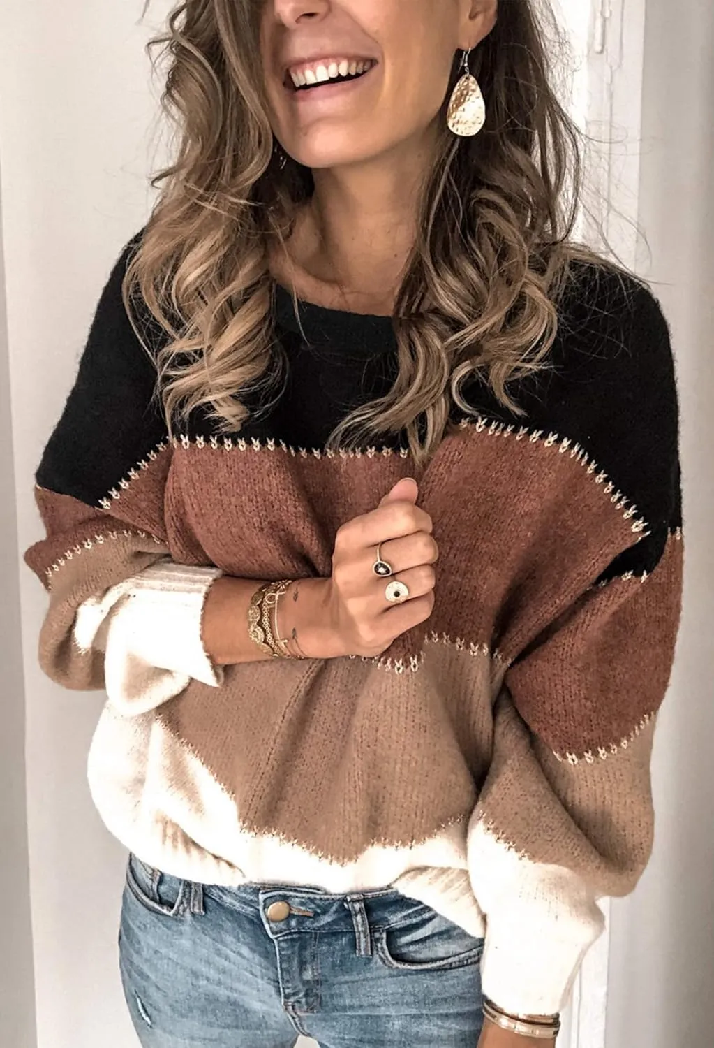 Angashion Women's Sweaters Casual Long Sleeve Crewneck Color Block Patchwork Pullover Knit Sweater Tops