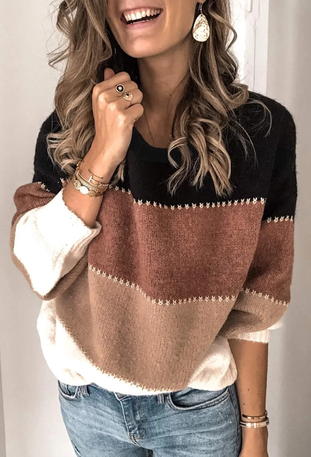Angashion Women's Sweaters Casual Long Sleeve Crewneck Color Block Patchwork Pullover Knit Sweater Tops