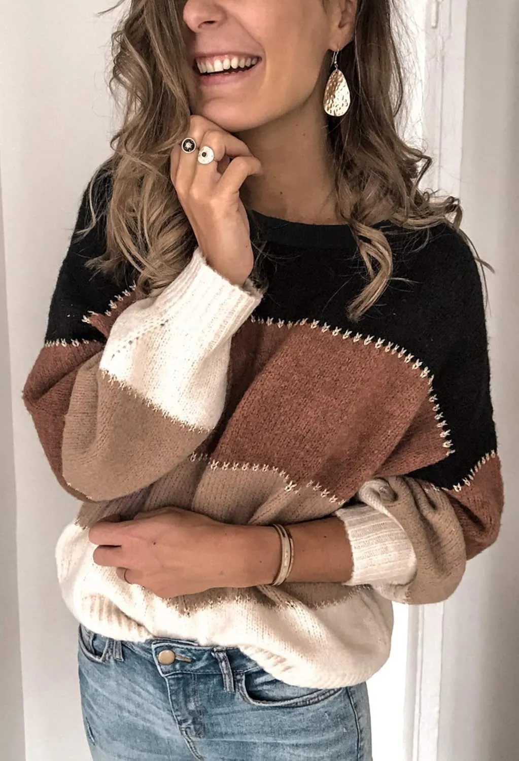 Angashion Women's Sweaters Casual Long Sleeve Crewneck Color Block Patchwork Pullover Knit Sweater Tops