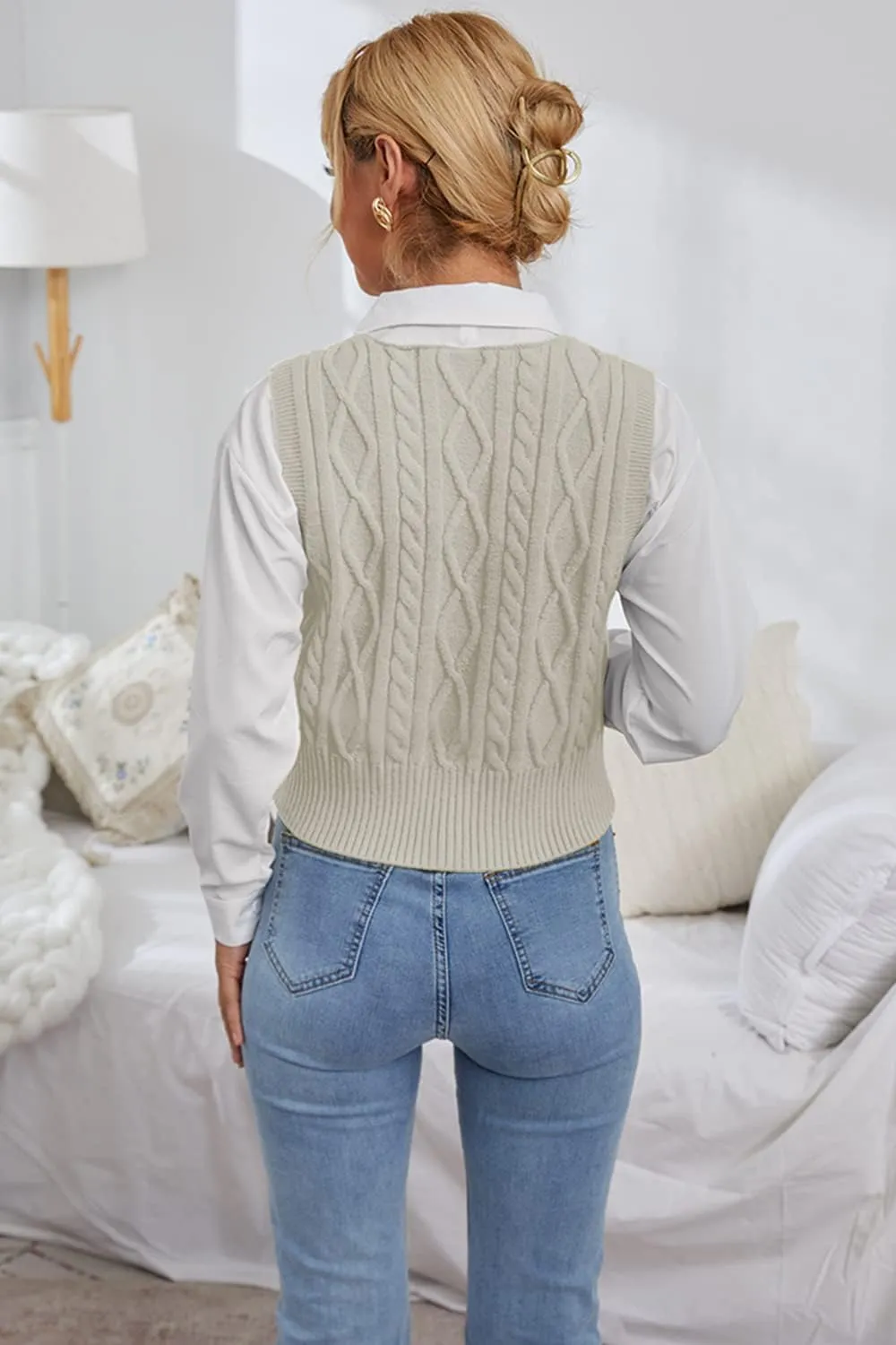 Aoysky Sweater Vest Women's V-Neck Sweater Tank Tops Pullover Cable Knit Vest Solid Color Sleeveless Loose Fit Sweater Top