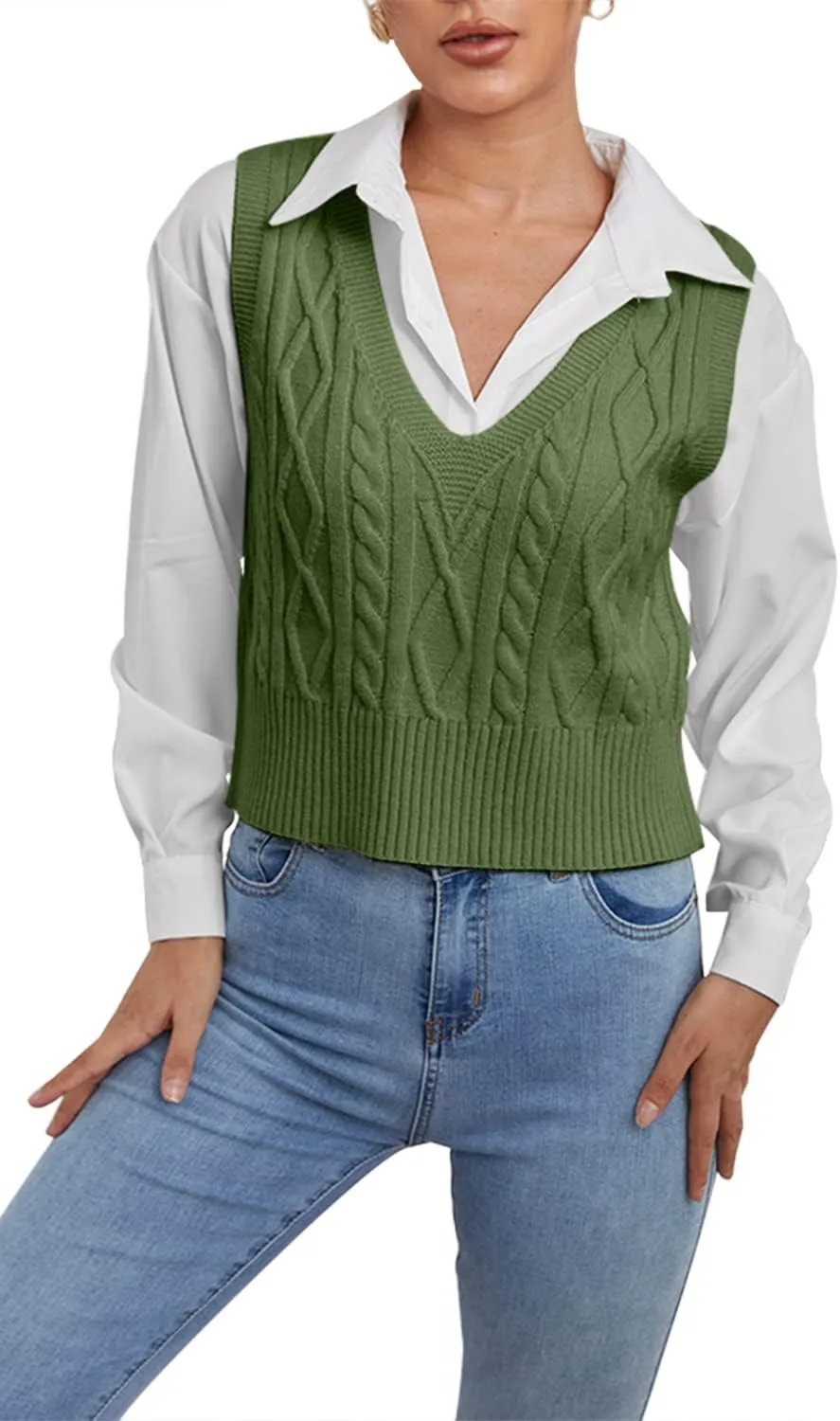 Aoysky Sweater Vest Women's V-Neck Sweater Tank Tops Pullover Cable Knit Vest Solid Color Sleeveless Loose Fit Sweater Top