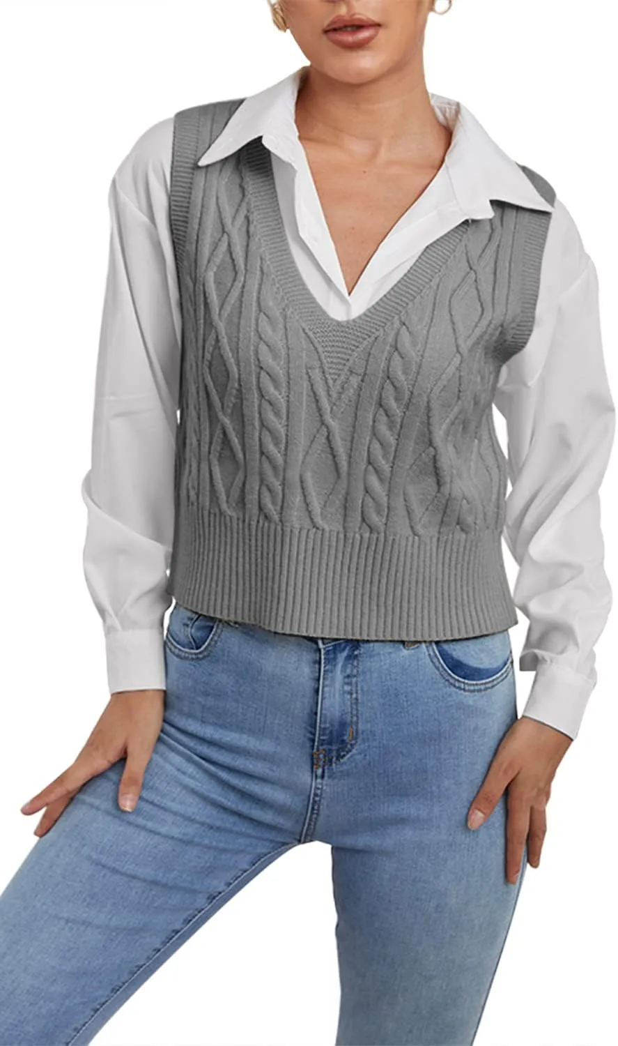 Aoysky Sweater Vest Women's V-Neck Sweater Tank Tops Pullover Cable Knit Vest Solid Color Sleeveless Loose Fit Sweater Top