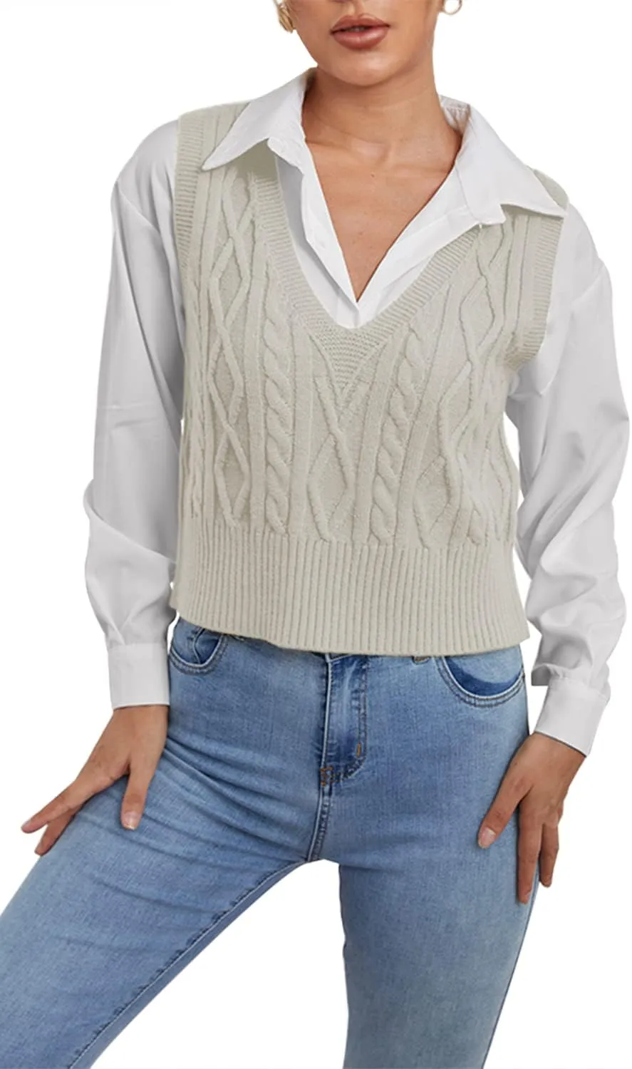 Aoysky Sweater Vest Women's V-Neck Sweater Tank Tops Pullover Cable Knit Vest Solid Color Sleeveless Loose Fit Sweater Top