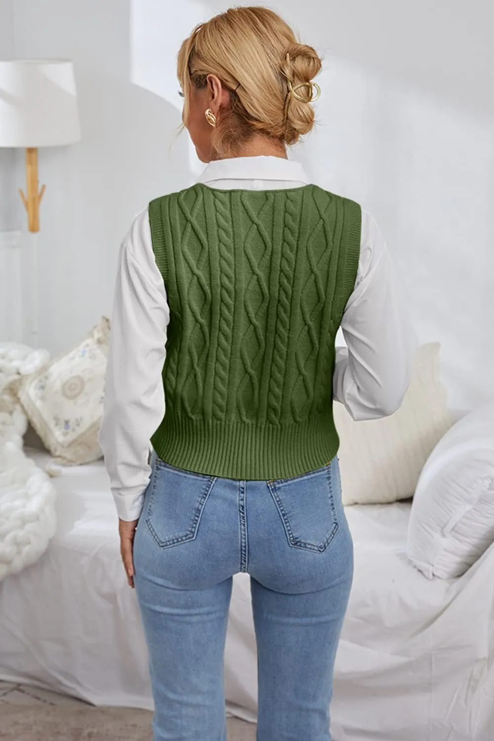 Aoysky Sweater Vest Women's V-Neck Sweater Tank Tops Pullover Cable Knit Vest Solid Color Sleeveless Loose Fit Sweater Top