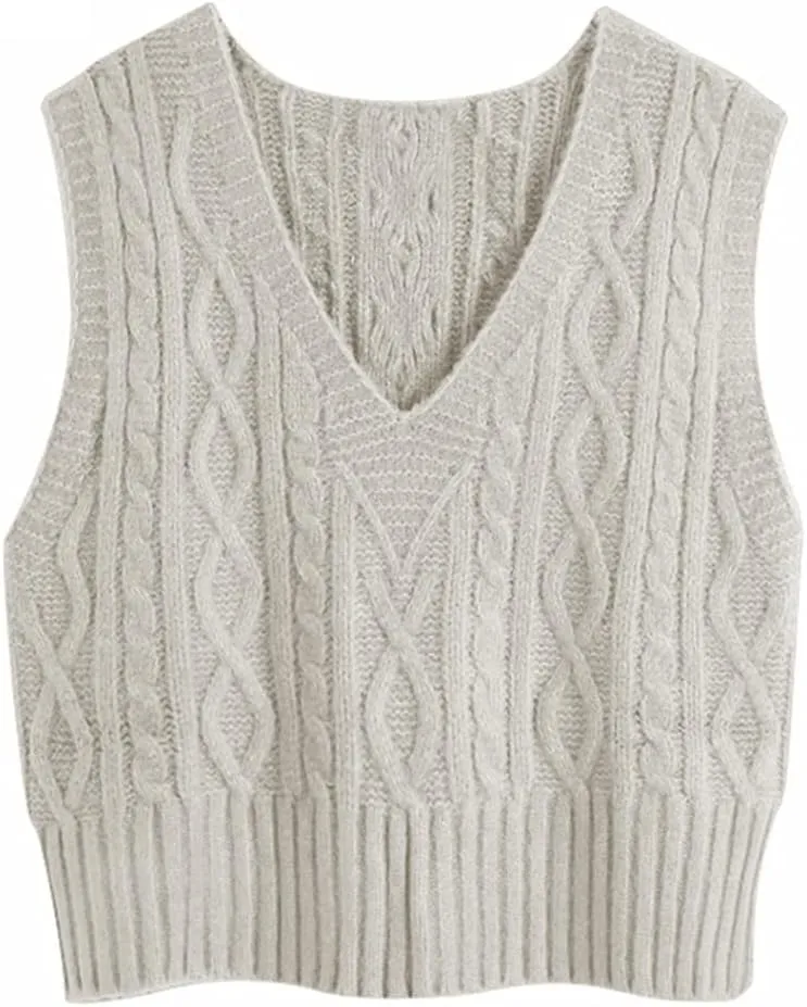 Aoysky Sweater Vest Women's V-Neck Sweater Tank Tops Pullover Cable Knit Vest Solid Color Sleeveless Loose Fit Sweater Top