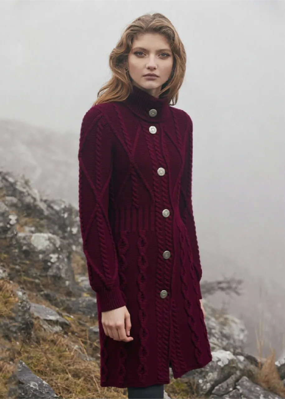Aran Cable Knit Coat | Burgundy