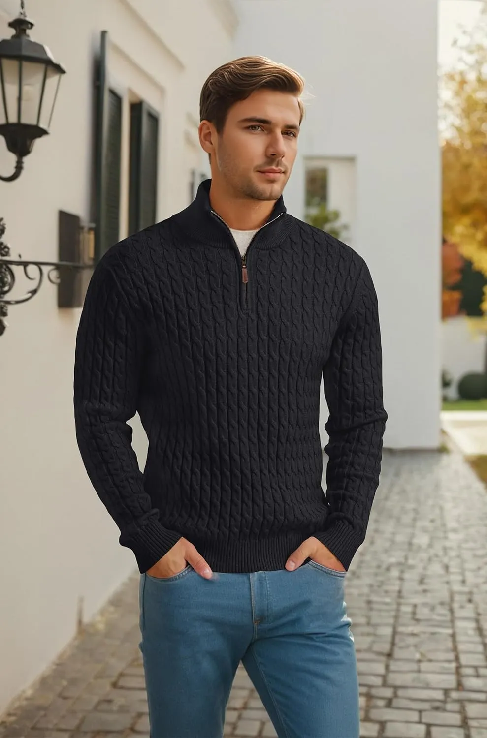 Askdeer Men's Quarter Zip Sweater Cable Knit Sweater Mock Neck Polo Sweater Casual Pullover Sweater with Ribbing Edge