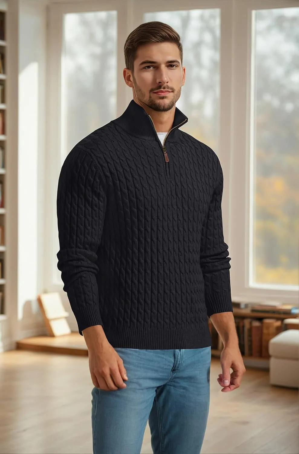 Askdeer Men's Quarter Zip Sweater Cable Knit Sweater Mock Neck Polo Sweater Casual Pullover Sweater with Ribbing Edge