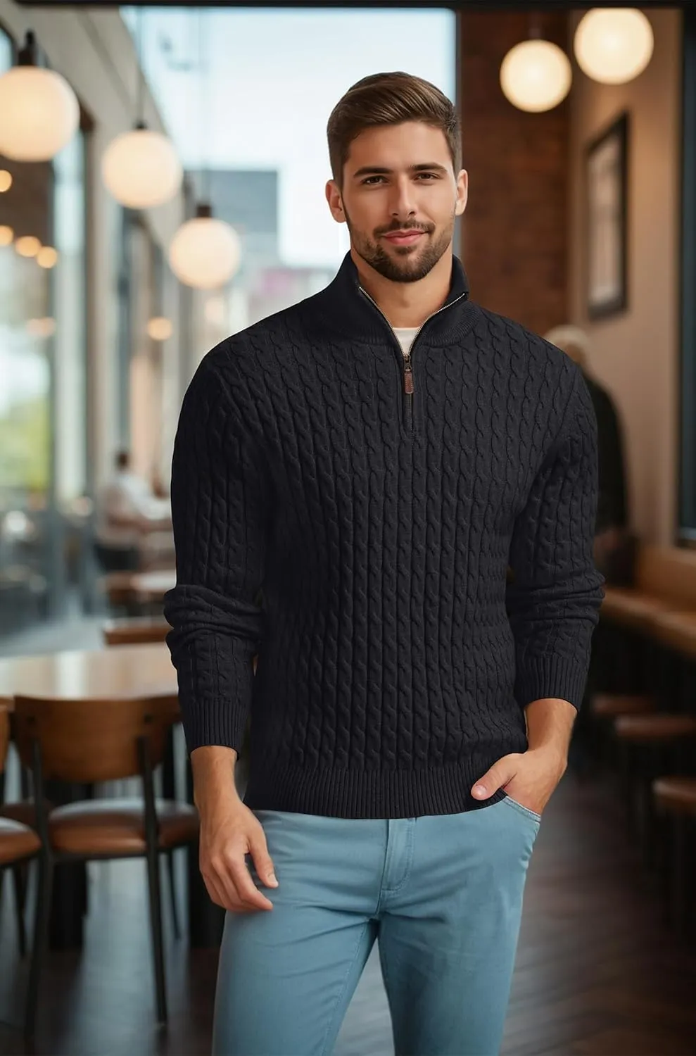 Askdeer Men's Quarter Zip Sweater Cable Knit Sweater Mock Neck Polo Sweater Casual Pullover Sweater with Ribbing Edge