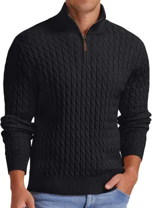 Askdeer Men's Quarter Zip Sweater Cable Knit Sweater Mock Neck Polo Sweater Casual Pullover Sweater with Ribbing Edge