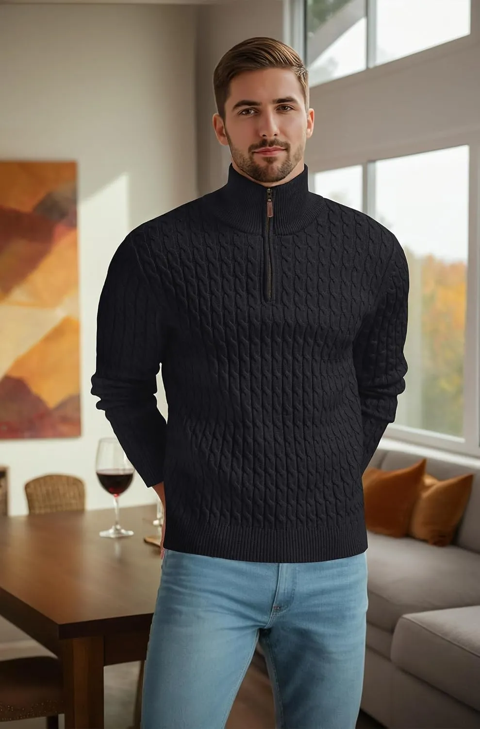 Askdeer Men's Quarter Zip Sweater Cable Knit Sweater Mock Neck Polo Sweater Casual Pullover Sweater with Ribbing Edge
