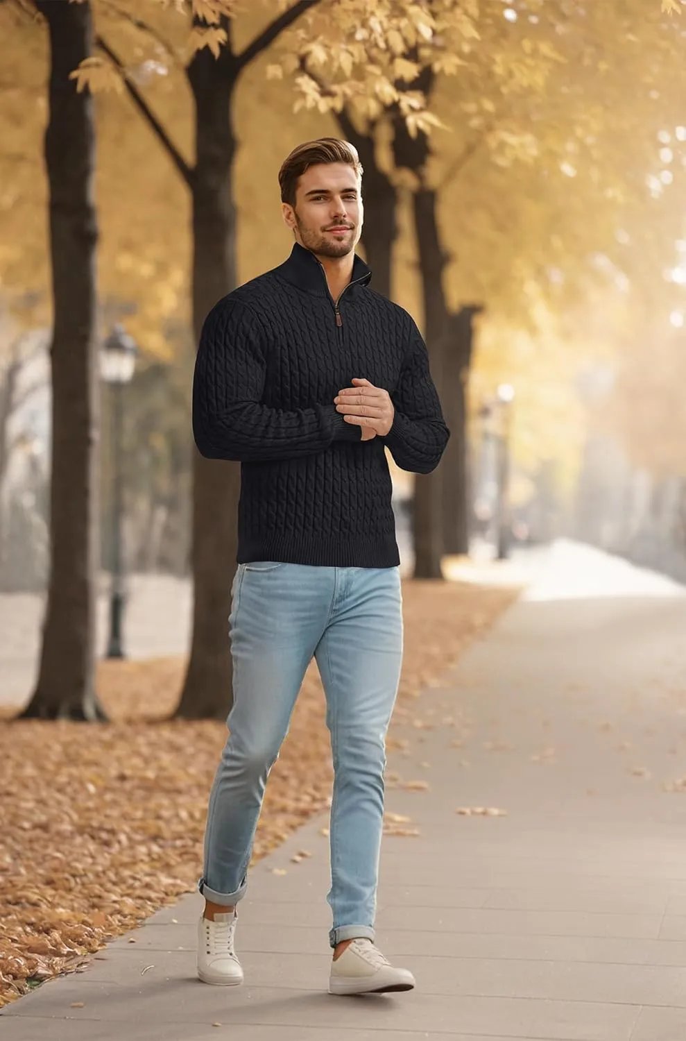 Askdeer Men's Quarter Zip Sweater Cable Knit Sweater Mock Neck Polo Sweater Casual Pullover Sweater with Ribbing Edge