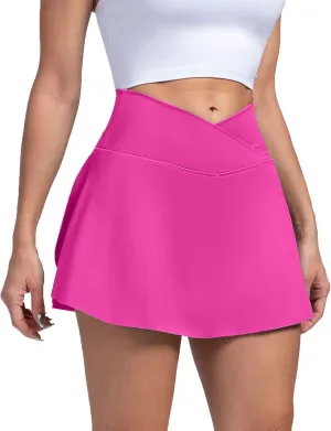 Athletic Skirts Women with Pockets Lightweight Cross Waist Tennis Skorts Casual Mini Golf Skirt with Shorts