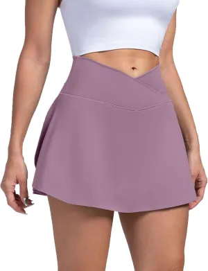 Athletic Skirts Women with Pockets Lightweight Cross Waist Tennis Skorts Casual Mini Golf Skirt with Shorts