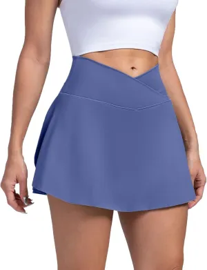 Athletic Skirts Women with Pockets Lightweight Cross Waist Tennis Skorts Casual Mini Golf Skirt with Shorts