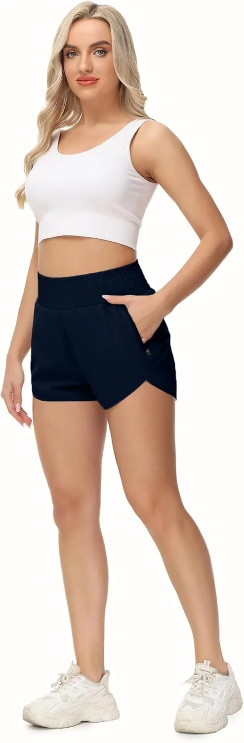 Aurefin High Waisted Athletic Shorts for Women, Quick Dry Running Shorts with Pocket and Liner Gym Workout Shorts for Summer
