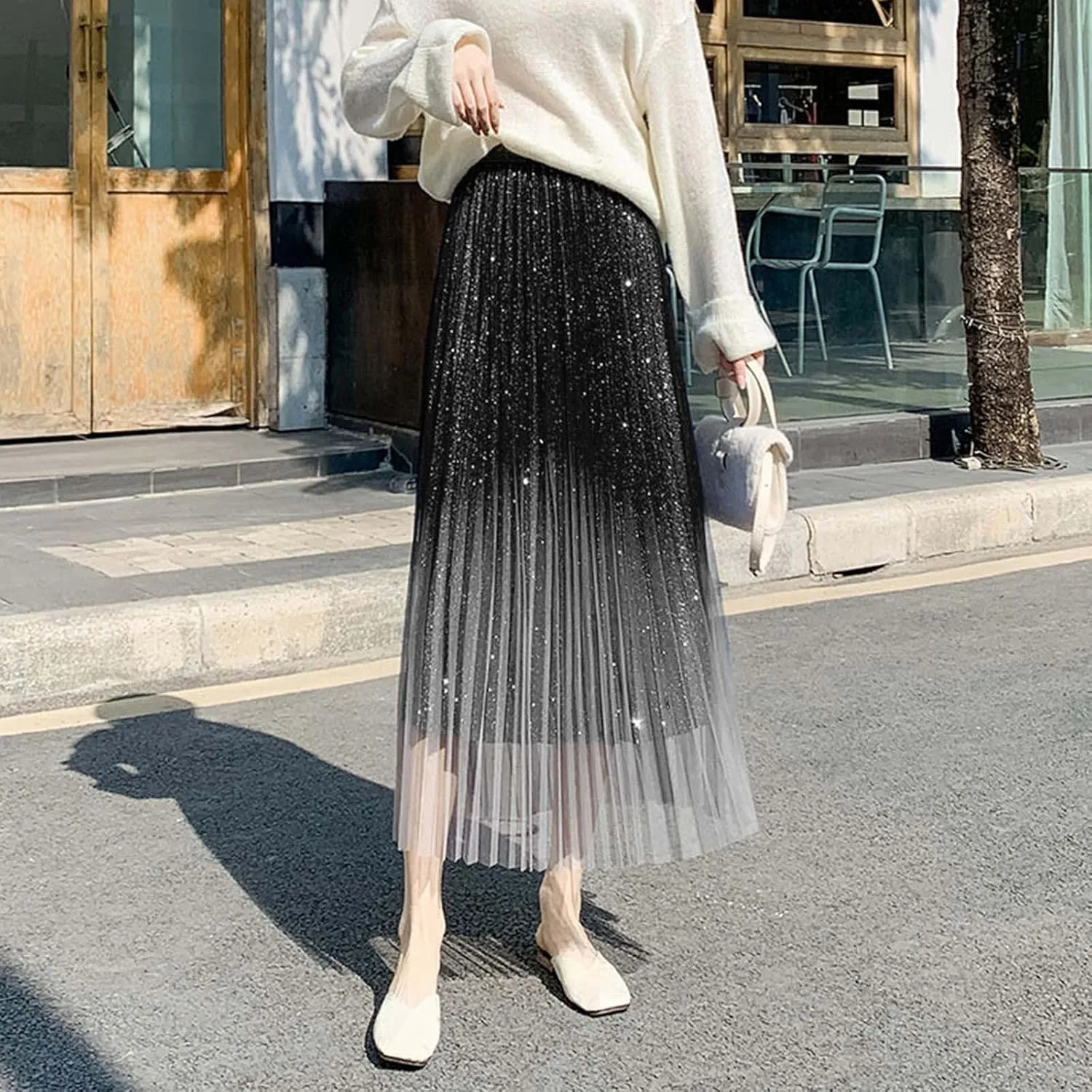 Autumn and Winter Gradient Starry Sky Shiny Silk Pink Mesh Hem Skirt A Line Pleated Midi Skirt Women Anime Skirt