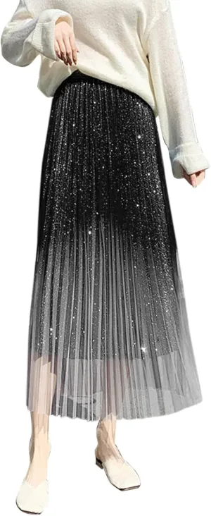 Autumn and Winter Gradient Starry Sky Shiny Silk Pink Mesh Hem Skirt A Line Pleated Midi Skirt Women Anime Skirt