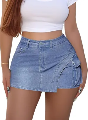 Avanova Women Jean Denim Skort Sexy High Waisted Asymmetrical Short Mini Skirt