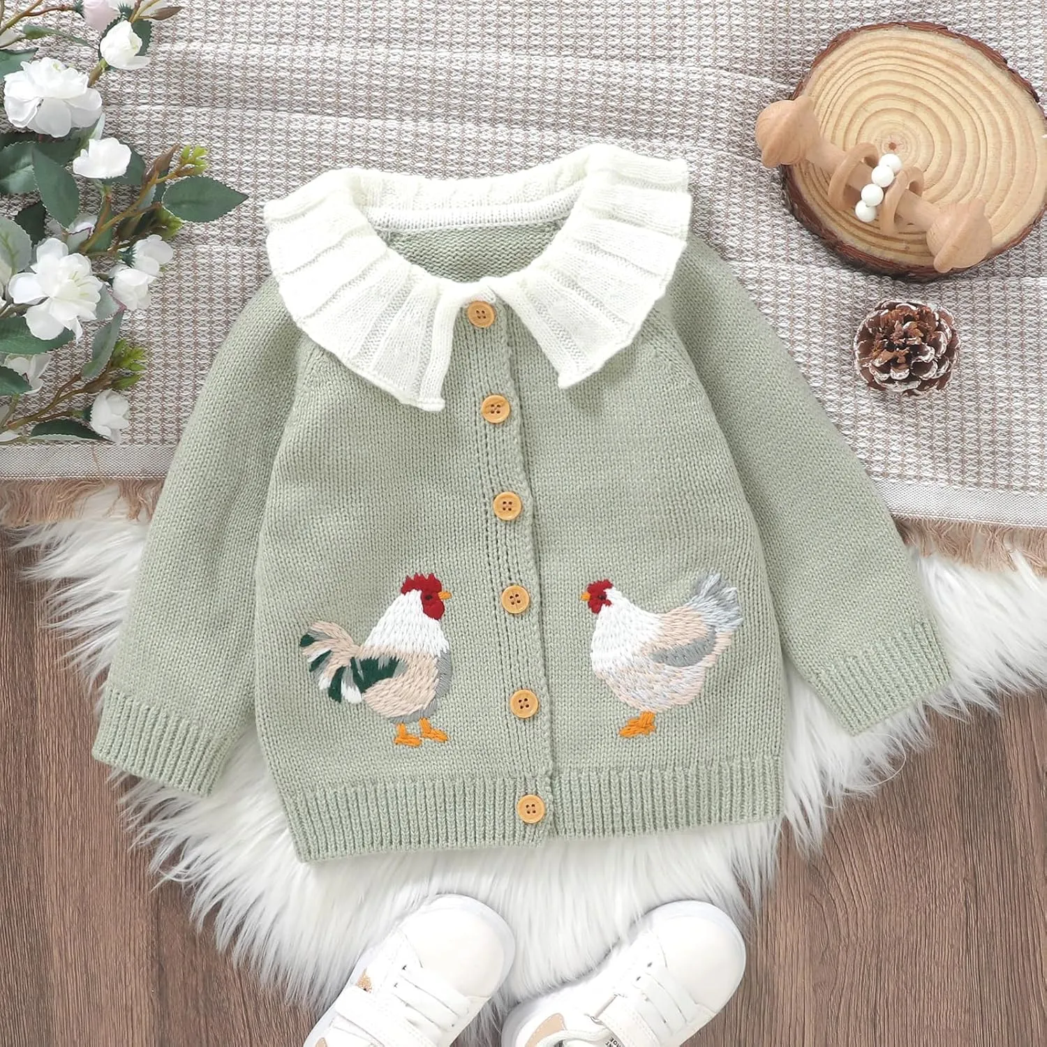 Baby Girl Cardigan Knit Sweater Animal Embroidery Chunky Coat Doll Collar Knitwear Toddler Infant Spring Clothes