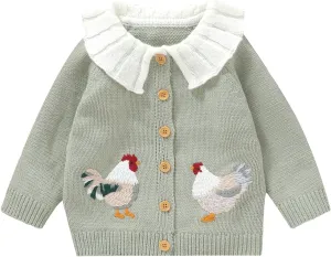 Baby Girl Cardigan Knit Sweater Animal Embroidery Chunky Coat Doll Collar Knitwear Toddler Infant Spring Clothes