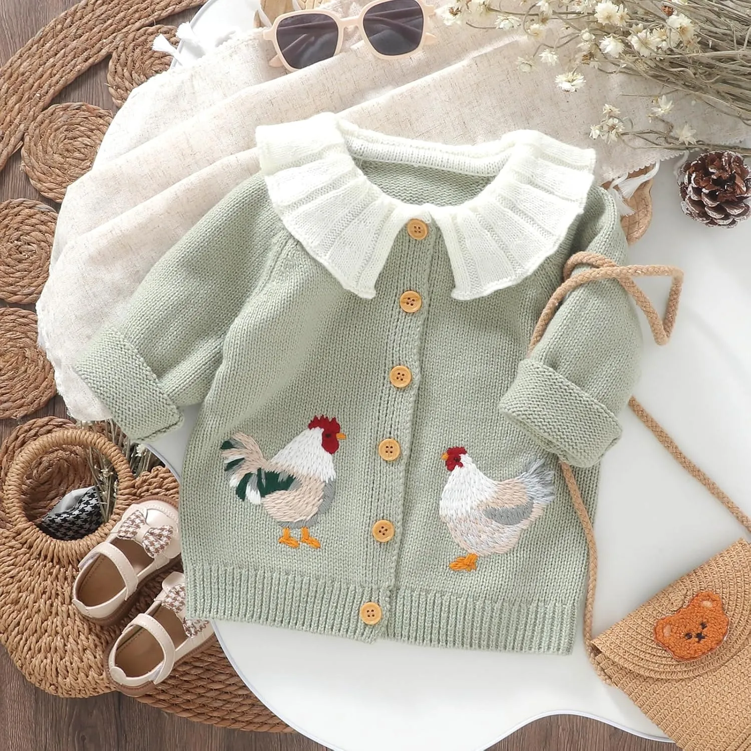 Baby Girl Cardigan Knit Sweater Animal Embroidery Chunky Coat Doll Collar Knitwear Toddler Infant Spring Clothes