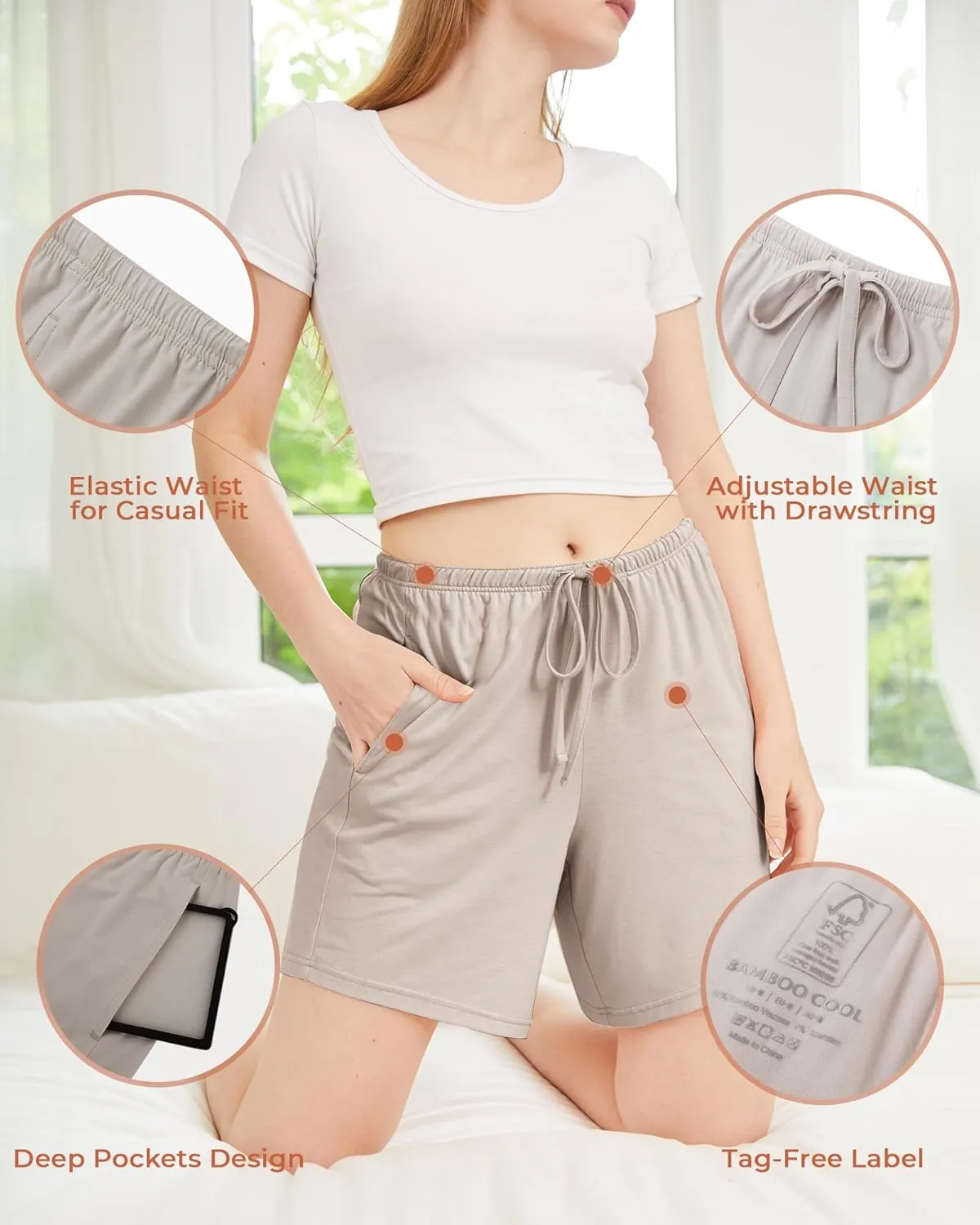 BAMBOO COOL Womens Pajama Shorts Comfy Lounge Shorts Drawstring Pj Pants Sleep Shorts with Pockets Pack of 3