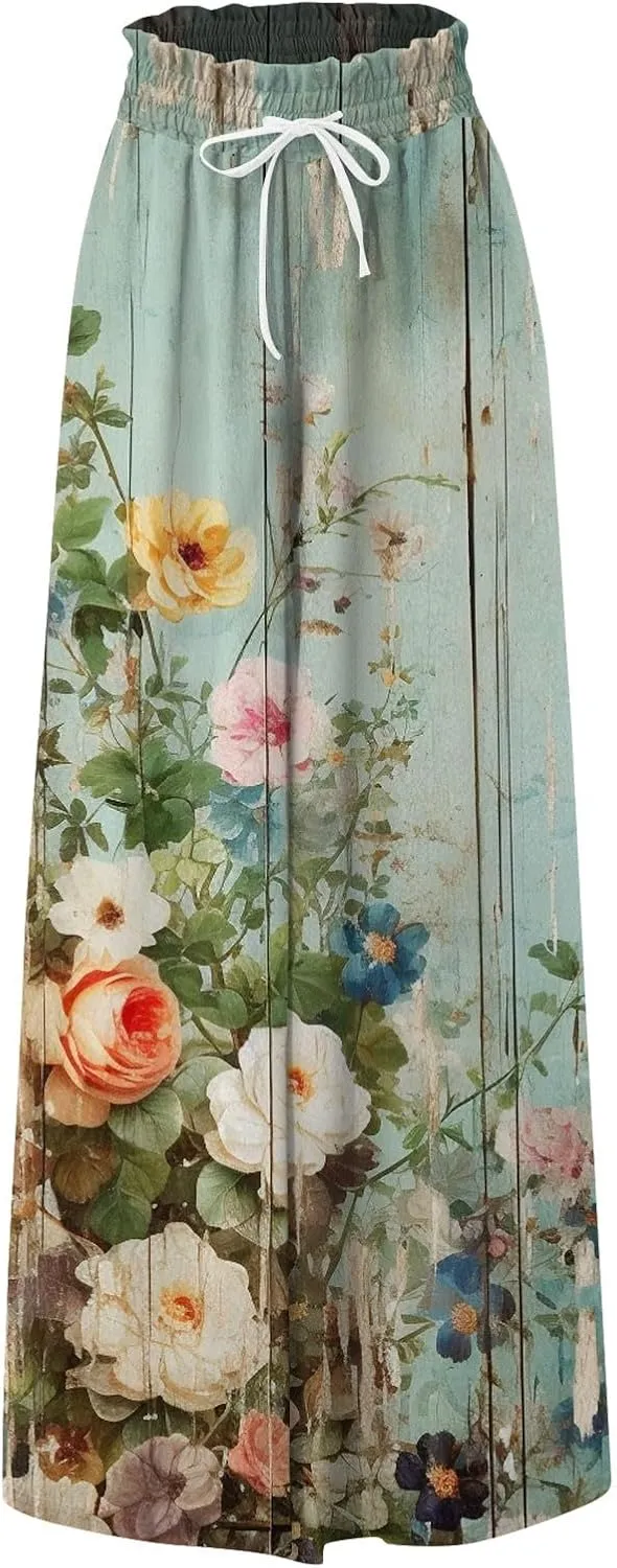 Beach Pants for Women Women Casual High Waist Wide Leg Pants Summer Floral Solid Long Palazzo Pants Lounge with Pocket
