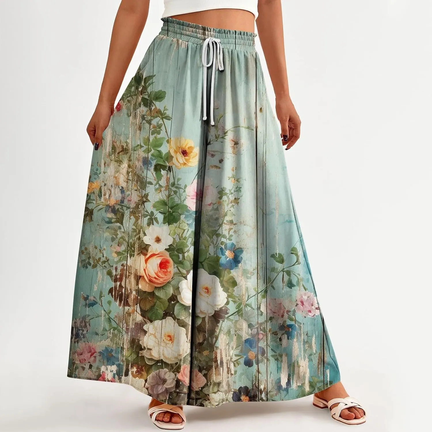 Beach Pants for Women Women Casual High Waist Wide Leg Pants Summer Floral Solid Long Palazzo Pants Lounge with Pocket