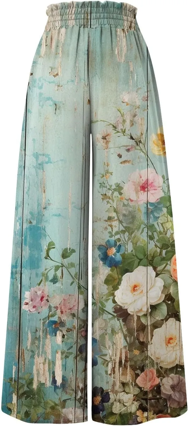 Beach Pants for Women Women Casual High Waist Wide Leg Pants Summer Floral Solid Long Palazzo Pants Lounge with Pocket