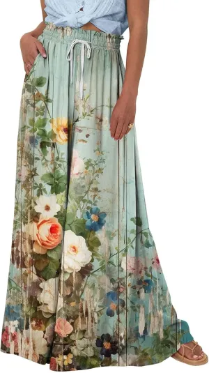 Beach Pants for Women Women Casual High Waist Wide Leg Pants Summer Floral Solid Long Palazzo Pants Lounge with Pocket
