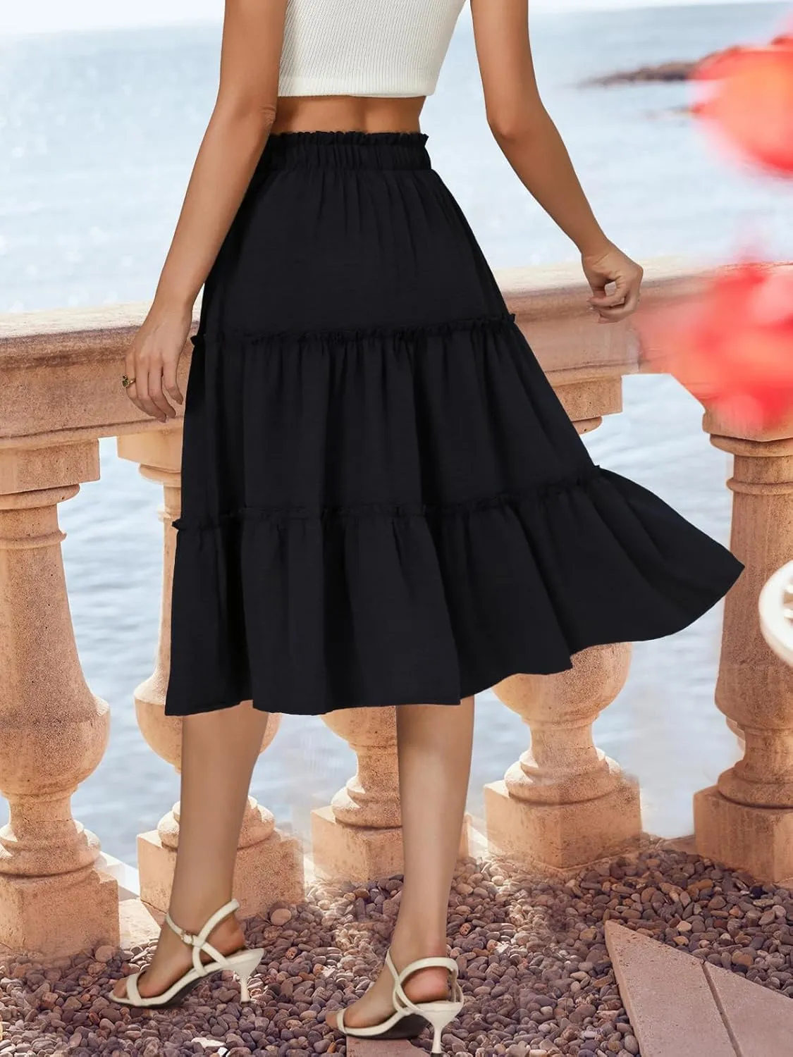 Berydress Midi Skirt for Women with Pockets 2025 High Waist A Line Casual Summer Boho Flowy Tiered Ruffle Beach Skirts